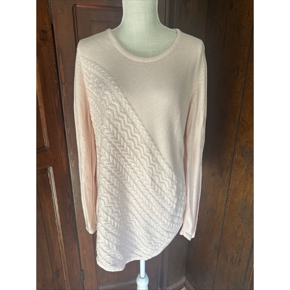 Womens Rafaella Light Pink Cable Knit Tunic‎ Sweater  Crew Neck Top Size Large